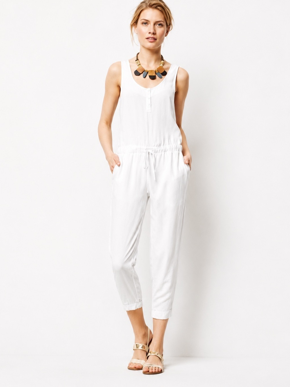 Anthropologie Cloth & Stone White Tencel Open Back Jumpsuit Sz Large